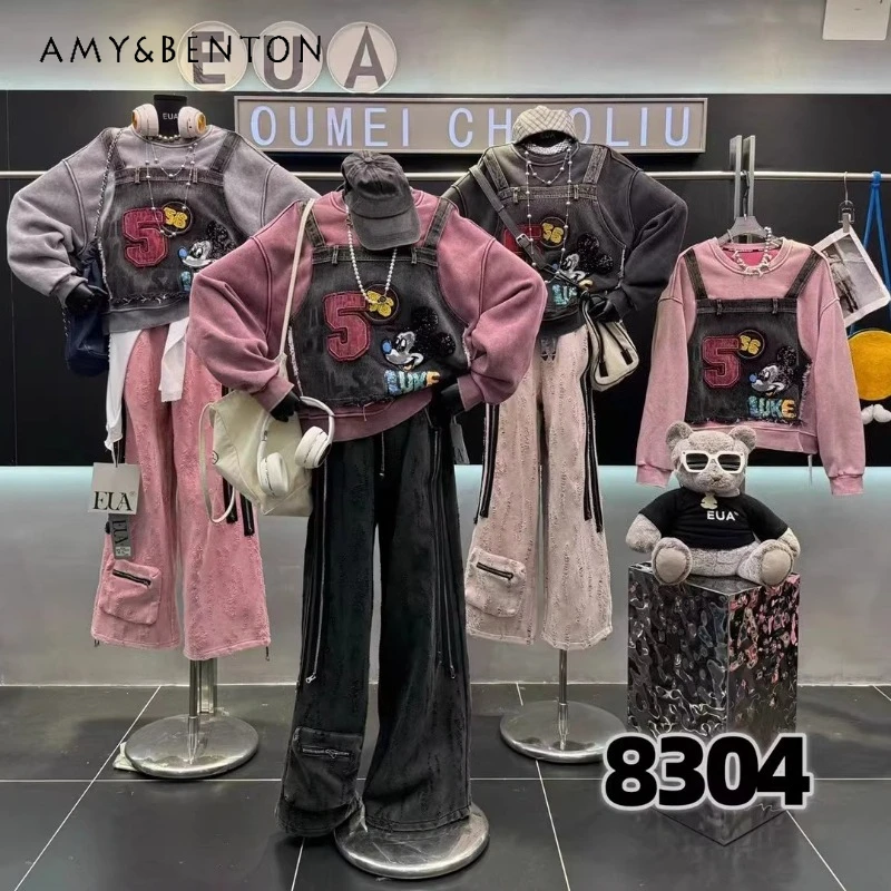 

Trendy Heavy Industry Cartoon Patchwork Denim Fake Two-piece Pure Cotton Fleece Sweatshirt Loose Top Autumn Winter Hoodies Coat