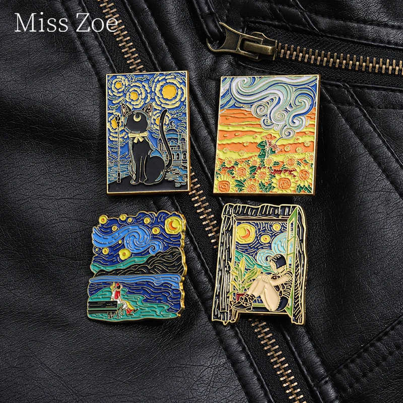 Famous Oil Painting Enamel Pins Self Portrait Of Sunflowers Starry Moon Night Art Van Gogh Brooches Lapel Backpack Badge Jewelry