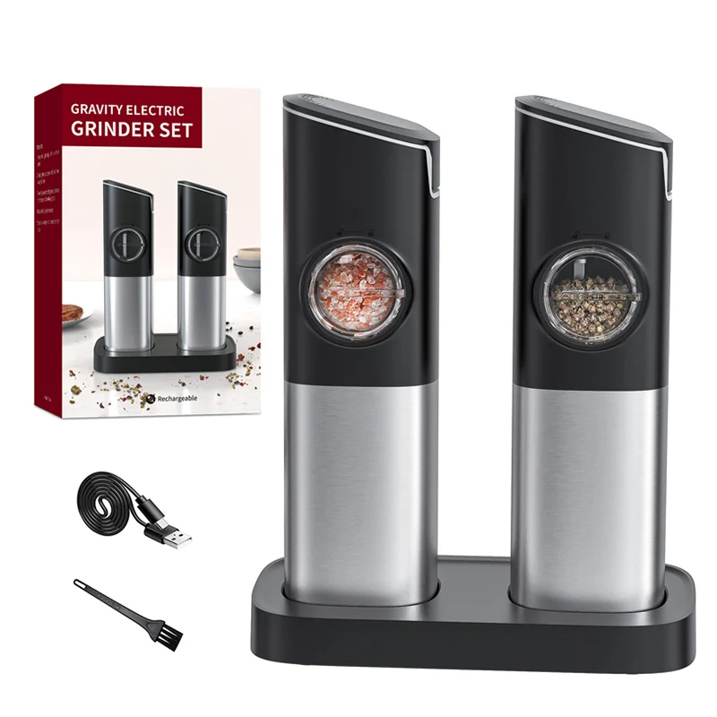 

Rechargeable Electric Pepper and Salt Grinder Set One-Handed Automatic Black Pepper corn & Salt Spice Mill Set with Type-C Cable