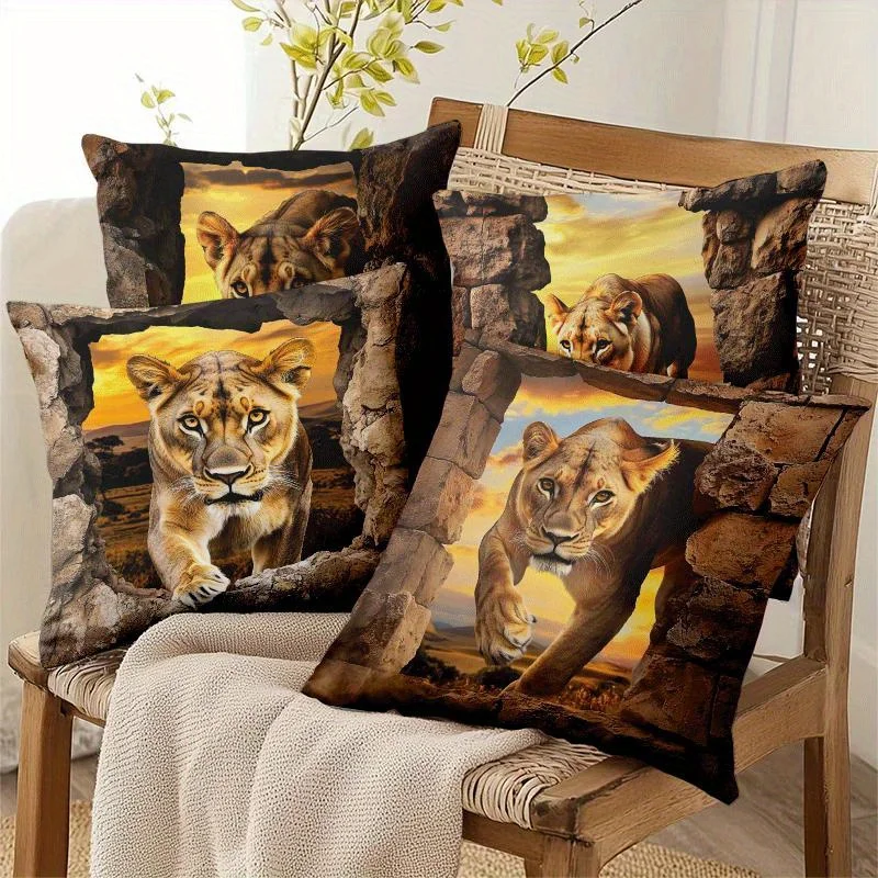Wildlife Safari Style Pillow Covers, Realistic Lioness in 3D Wall Breakthrough Print Cushion Cases, Cozy Home Decor for Bedroom