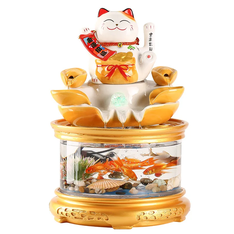 Lucky cat automatically beckons flowing water ornament small glass fish tank living room store cashier new store opening gift