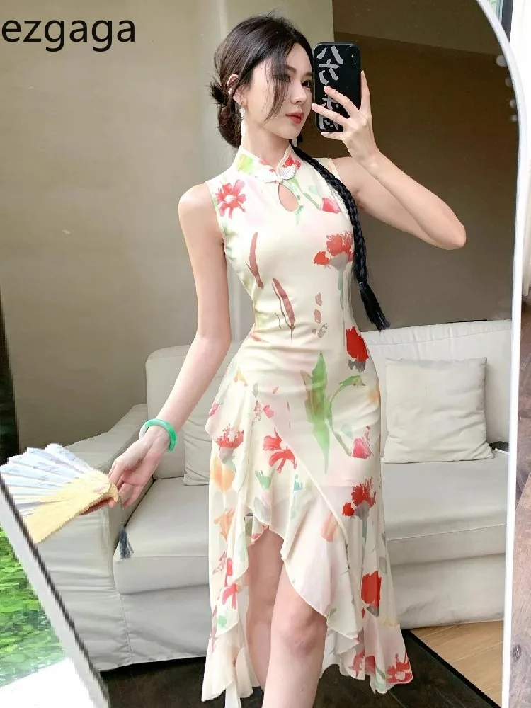 

Ezgaga Sexy Dresses Women Sleeveless Floral Printed Irregular Ruffles Stand Collar Slim Split Vintage Elegant Party Dress