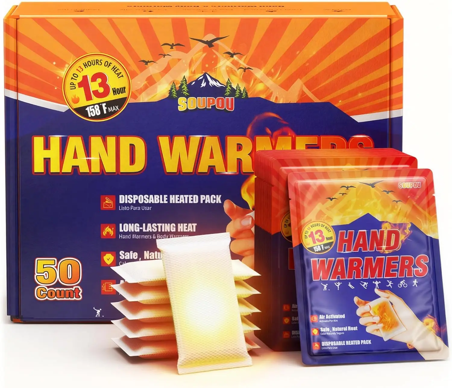 

Disposable Hand Warmers 100-200 pcs, 13-Hour Heat, Air Activated for Outdoor Use
