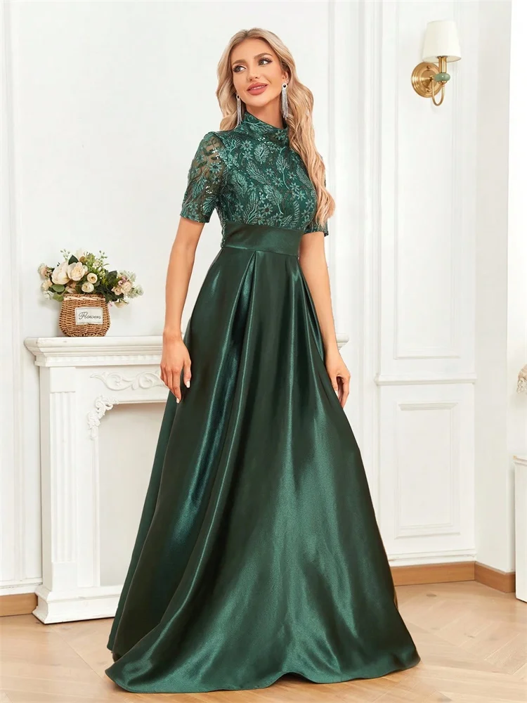 Elegante manga curta formal vestido de noite 2025 feminino o-pescoço cetim vestido de festa até o chão verde cocktail vestidos de formatura