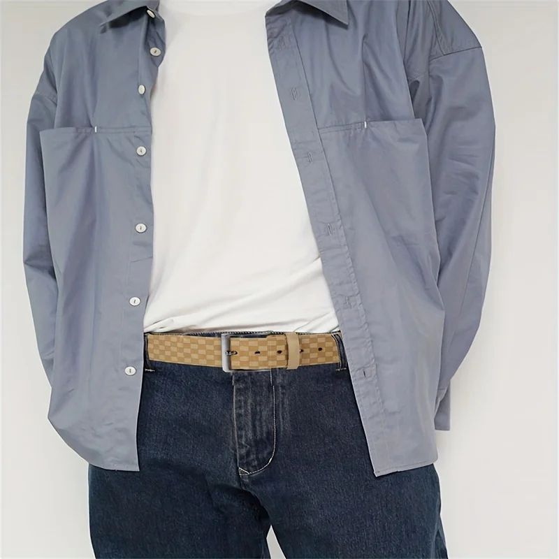 Eleganter Beige Karierter Gürtel für Herren Minimalistische Silberne Dornschließe Formeller Business-Anzug Taillengürtel – Detail 5