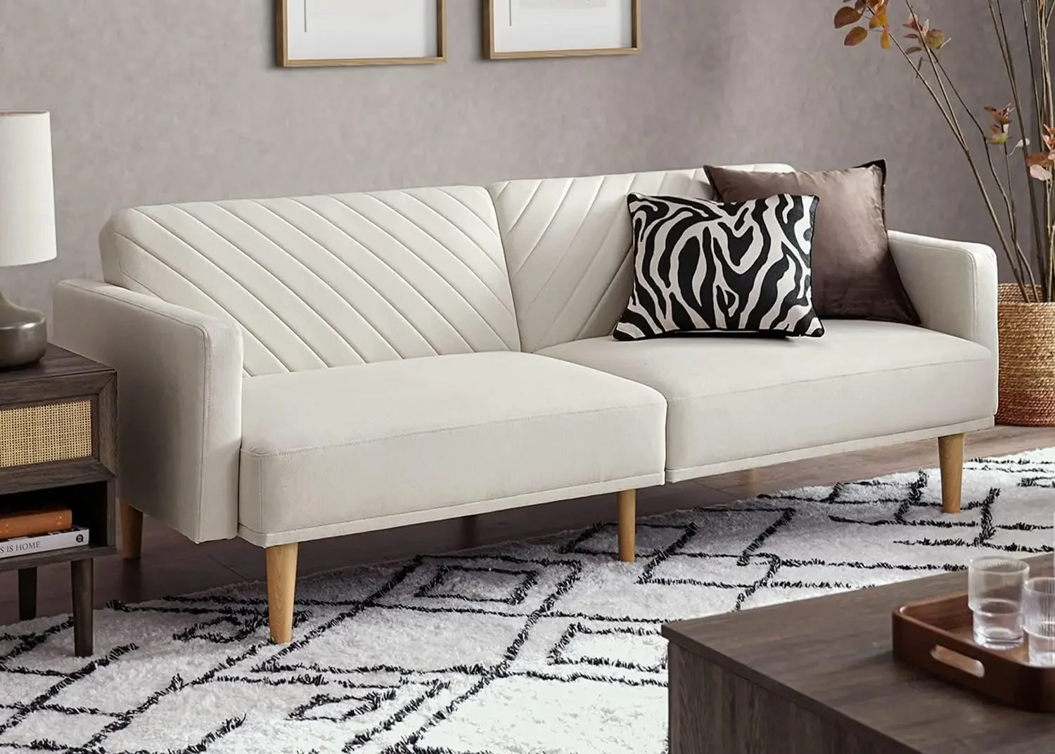 

Sleeper Sofa, Loveseat, Mid Century Modern Futon Couch, Cama, Couches for Living Room (Snow Velvet)