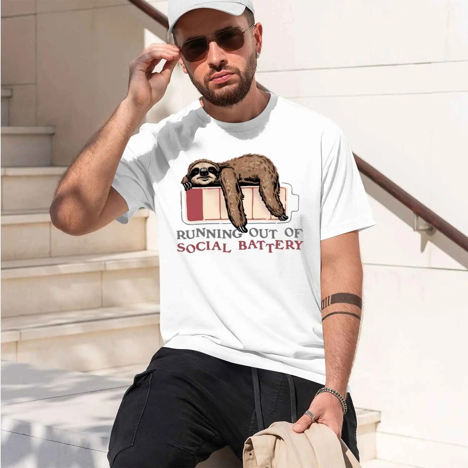 Running Out of Social Battery Sloth T Shirt Man Woman Funny Graph T Shirts Casual Round Ne Printed Short Sve Male 2026 New Model