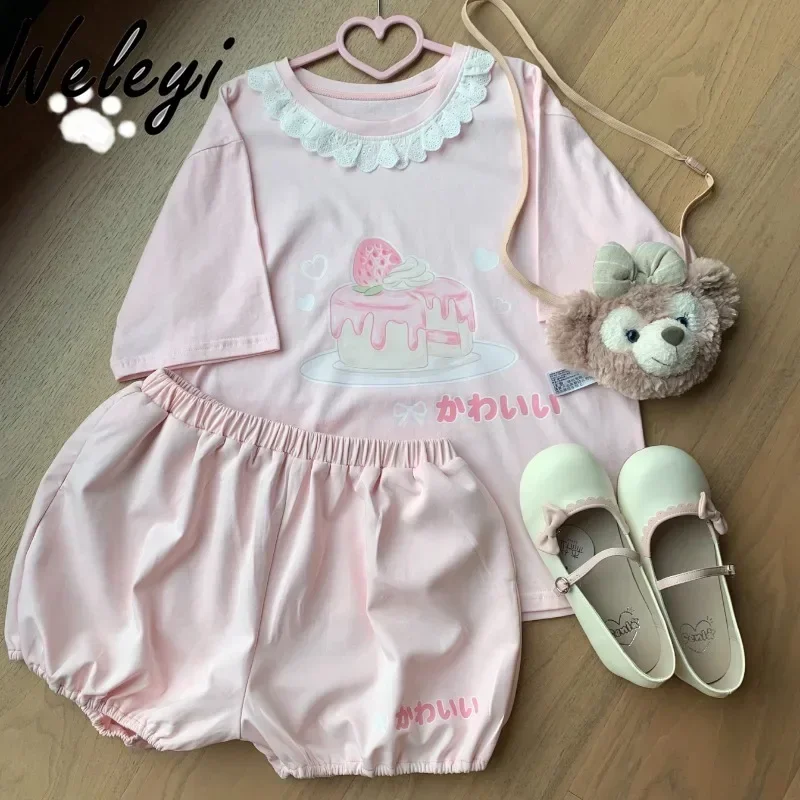 

Cute Light Pink T Shirts Bud Shaped Pants Japanese Ropa Mujer 2024 Summer New Sweet Versatile Lace Collar Short Sleeve Tops Suit