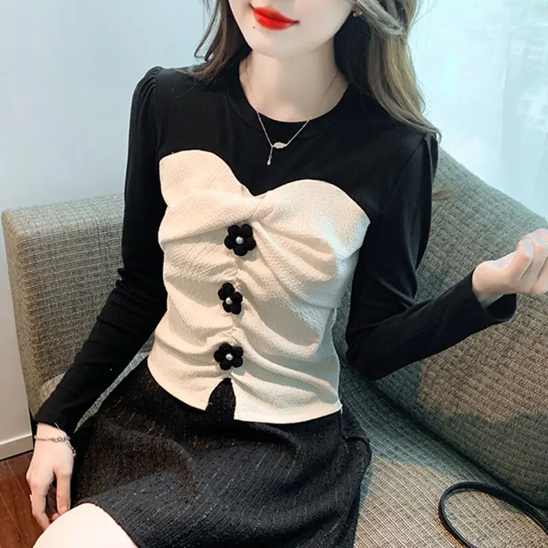 Contrast Patchwork Slim T Shirts Long Sleeve Pleated Korean Fake Two-piece Tops Tees Spring Autumn Fashion Sweet Women Clothing