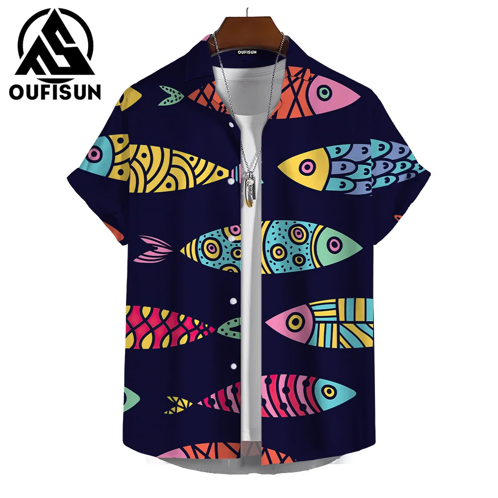 Camisa estampada de verano para hombre, estampado 3D de dibujos animados, estampado de peces, vacaciones en la playa, uso diario, camisa de manga corta para hombre, Top de gran tamaño