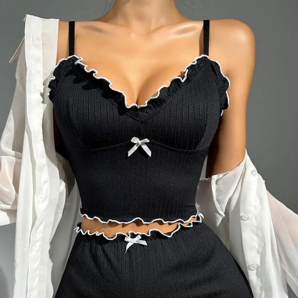 2026 Women's Ribbed Pajamas Set Sleeveless Crop Tank Top And Ruffle Hem Shorts Set Summer Two Piece Lounge Sleepwear 80%