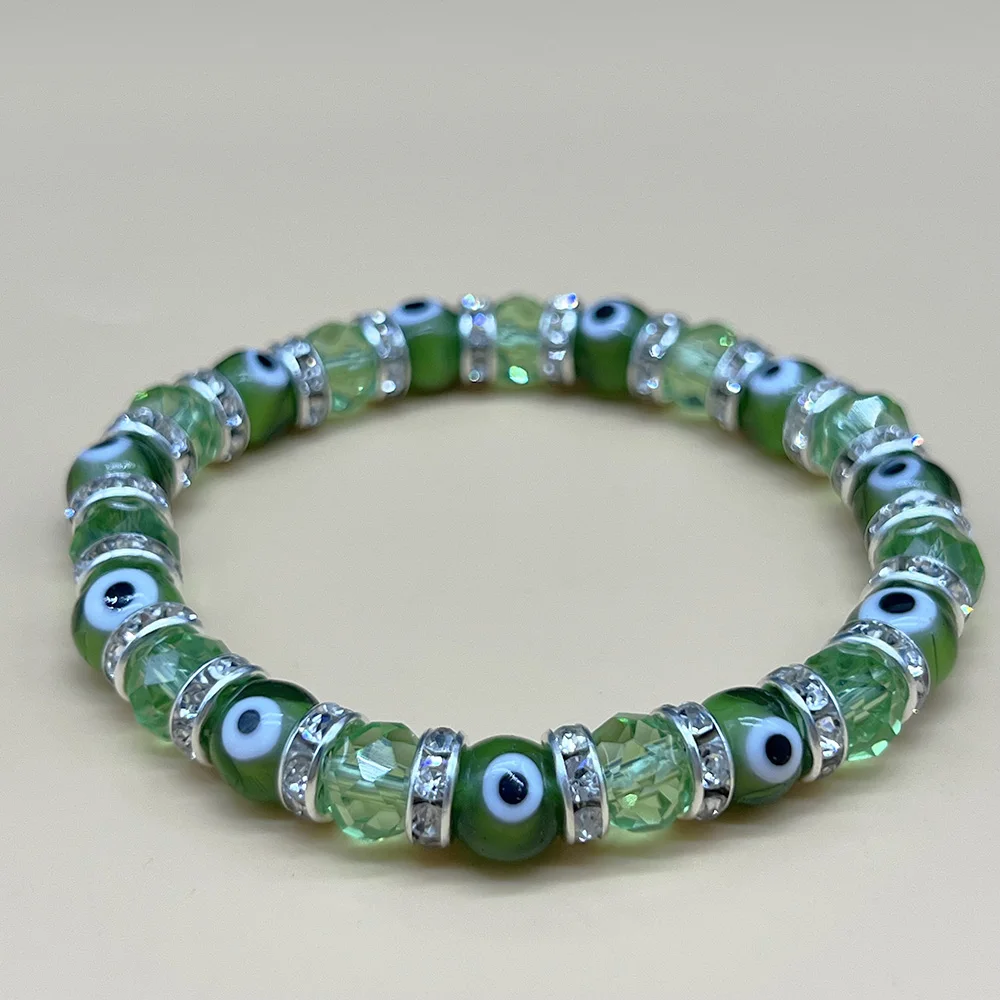 1pcs Turkish Evil Eye Crystal Beaded Stretch Bracelet with Rhinestone Spacers - 6 Vibrant Colors, Lucky Protection Jewelry