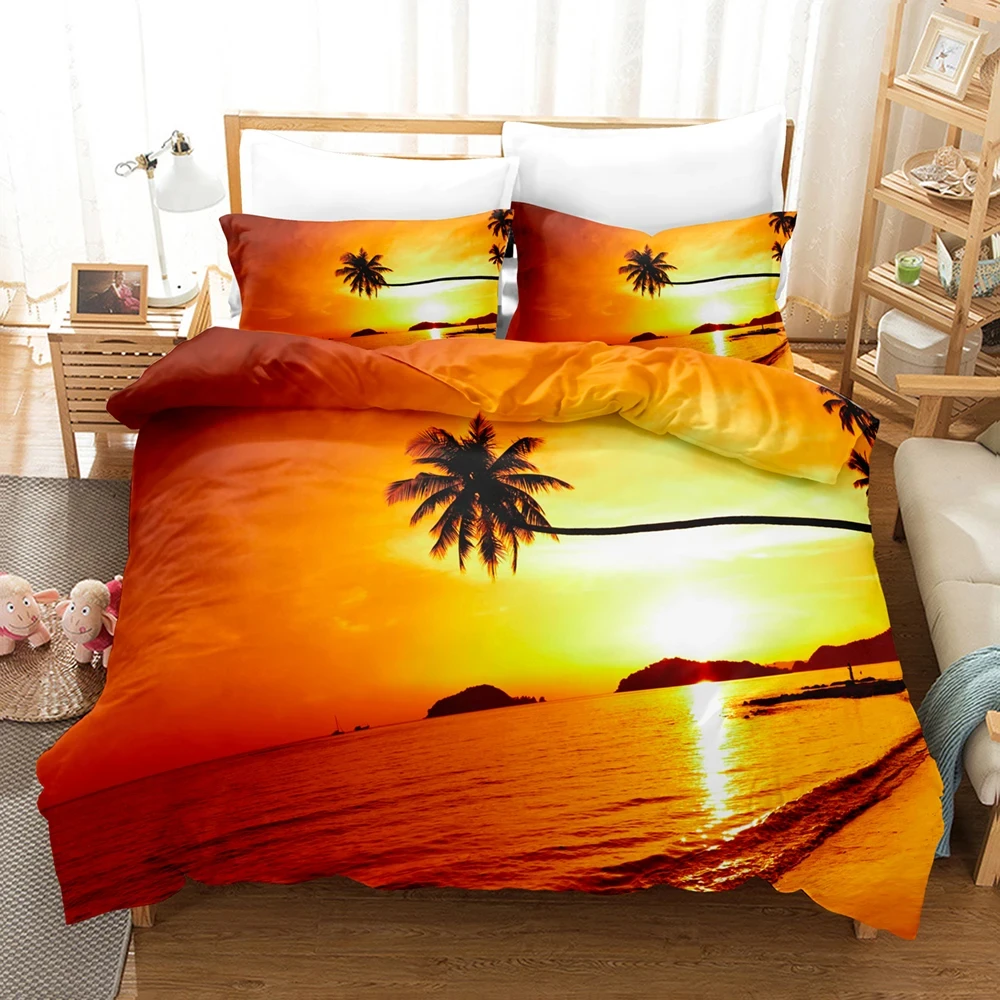 Goldon Sunset Bedding Set Tropical Beach Holiday Duvet Cover Set Girl Bed Cover Set Sunrise Quilt Cover Pillowcase Single Double