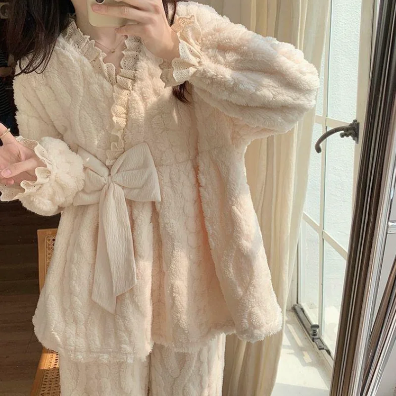 Women's New Thick Long Sleeved Long Pants Pajama Set for Students Autumn Winter Warm Home Clothes Princess Style Two-Piece Set