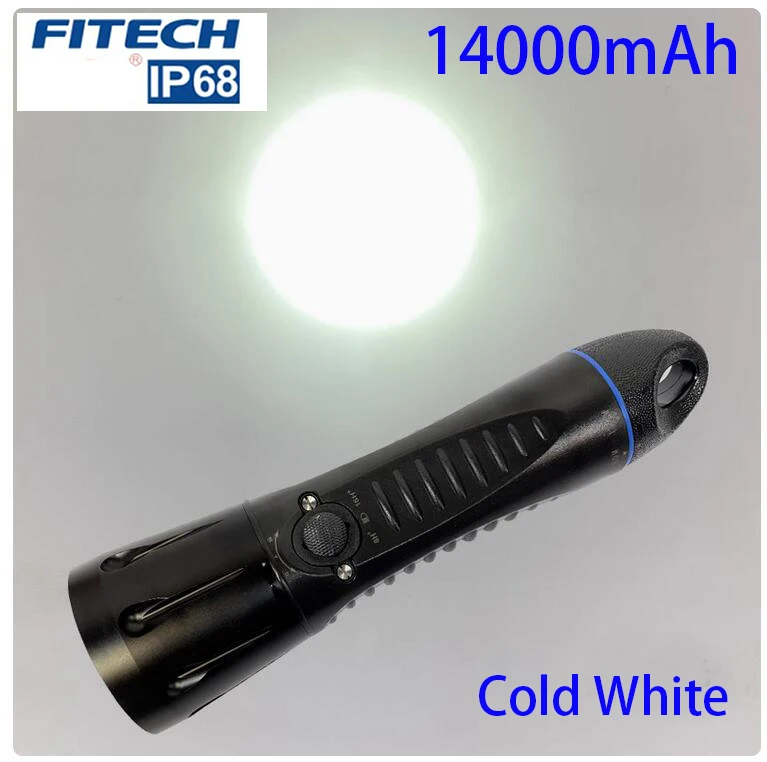 

Fitech F13 Scuba Diving Flashlight Built-in 14000mah Battery Long Using Time Rechargeable 1000 Lumen LED Waterproof Torch-Black