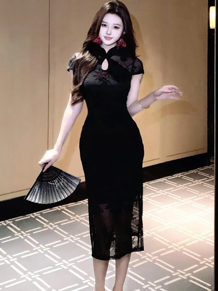 

Весенне-летнее черное сетчатое жаккардовое платье с коротким рукавом и воротником-стойкой, элегантное женское платье-ципао, корейское винтажное вечернее платье 2026 года