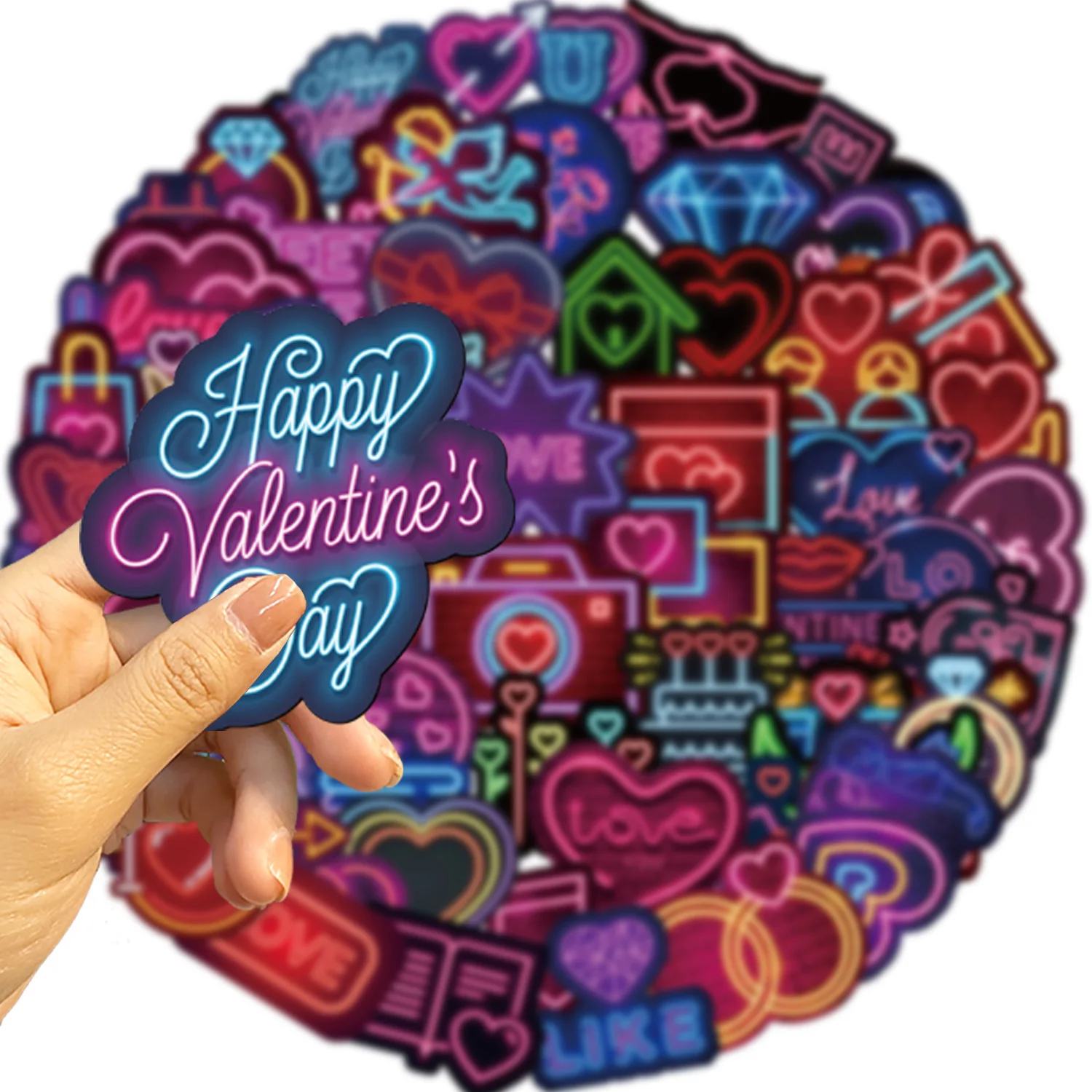 64pcs Neon Valentine's Day Cartoon Graffiti Stickers Phone Guitar Laptop Notebook Suitcase Water Bottles Waterproof Sticker Gift