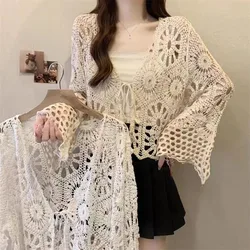 Boring Honey Summer Fashion Hollow Out Tops Women All-Match Beach Wind Flare Sleeve Cardigan T-Shirt Vintage Bandage V-Neck Top