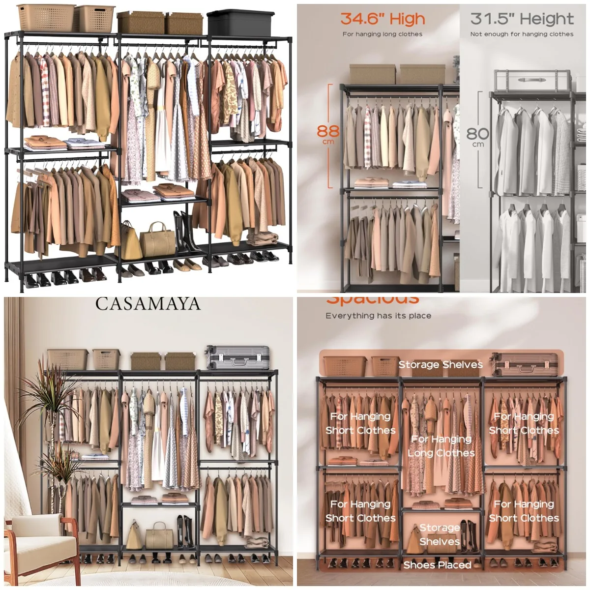 

Портативная вешалка для одежды, очень большой шкаф 80–7 дюймов с 5 стержнями и полками, черный, простая сборка