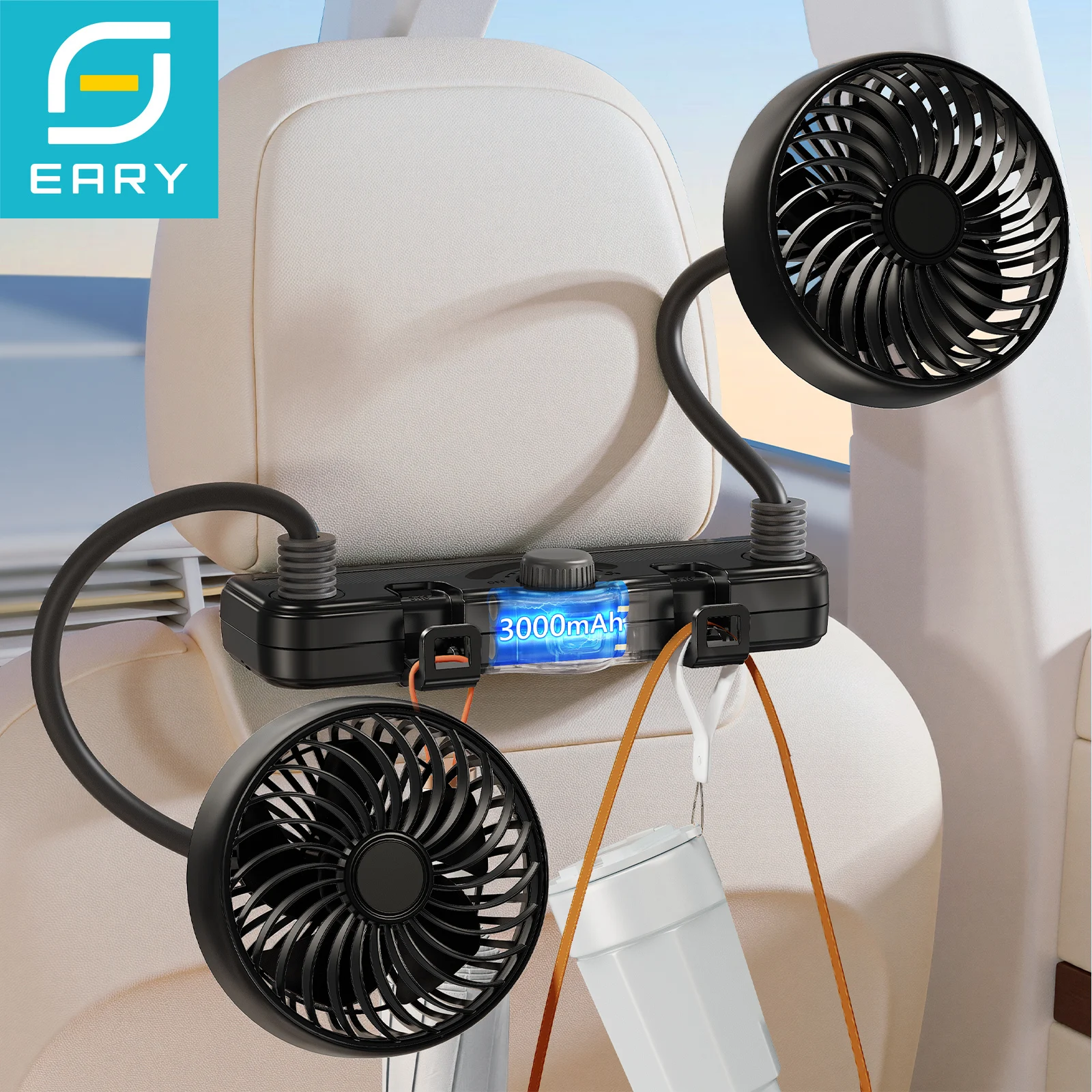 Eary Dual Head Car Headrest Hose Fan USB Rechargeable 3000mAh 360°Rotate Cooling Fan for Rear Seat Kids Air Cooler for Sedan SUV