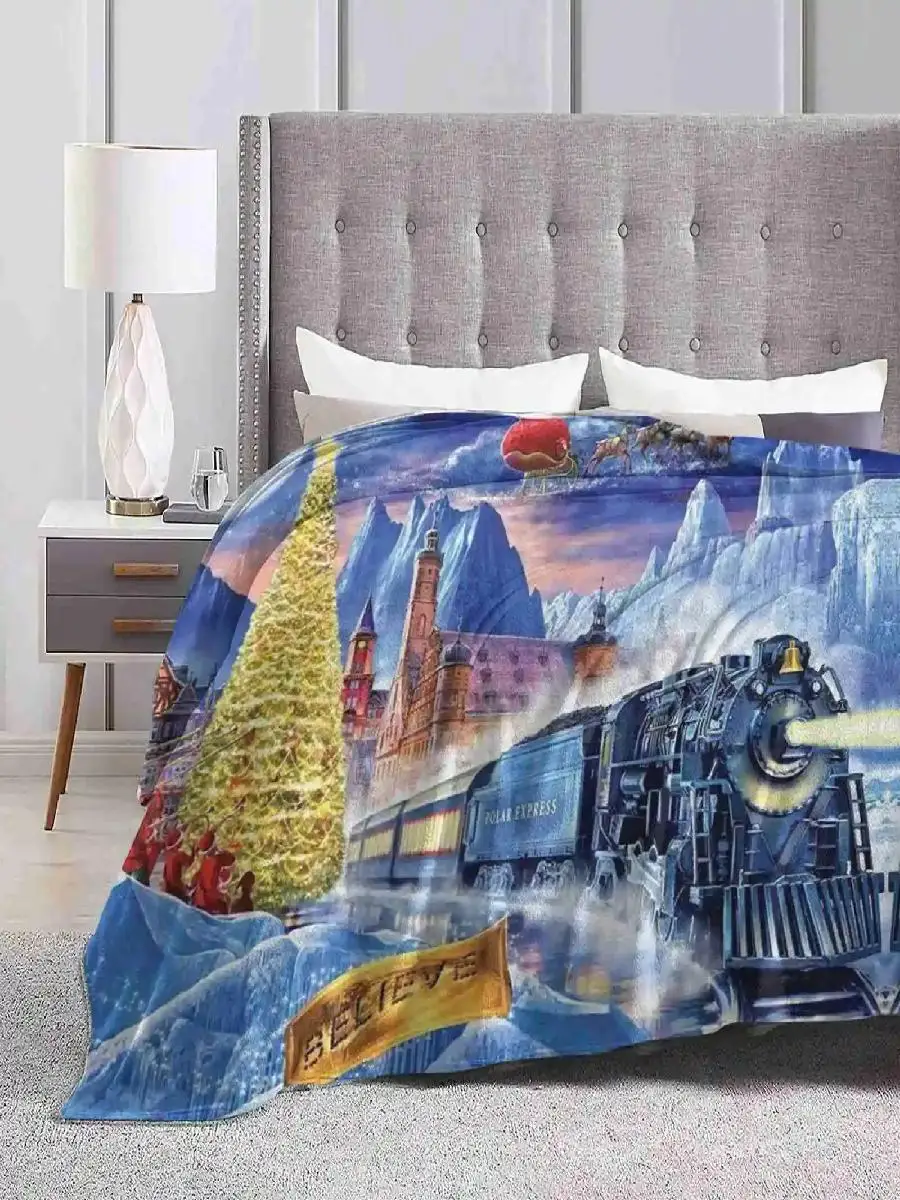 Polar Express Christmas Throw Blanket  Warm Flannel with Creative Train Design for Cozy Holidays