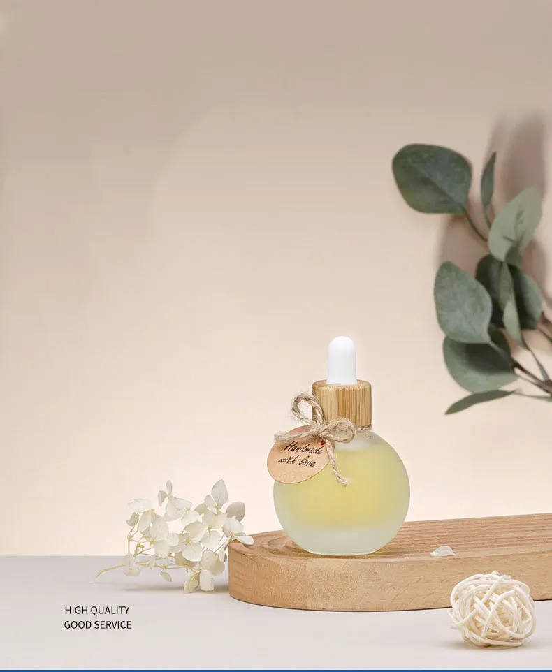 Tropfflasche aus Glas, mattiert, mit Bambusdeckel, für Ätherische Öle, Massageöle, Haar- und Körperöle, Serum, Aromatherapie-Flüssigkeiten, geeignet für Pipetten. – Detail 2