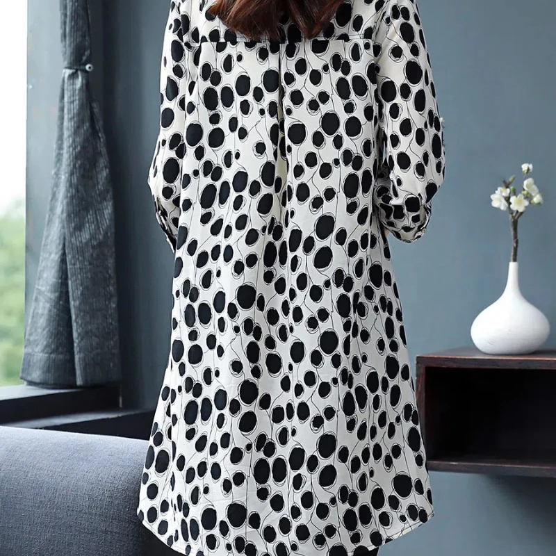 Simplicity Summer New Women's POLO Collar Print Single Breasted Fashion Casual Loose Mid-length 3/4 Sleeve Chiffon Shirt Tops