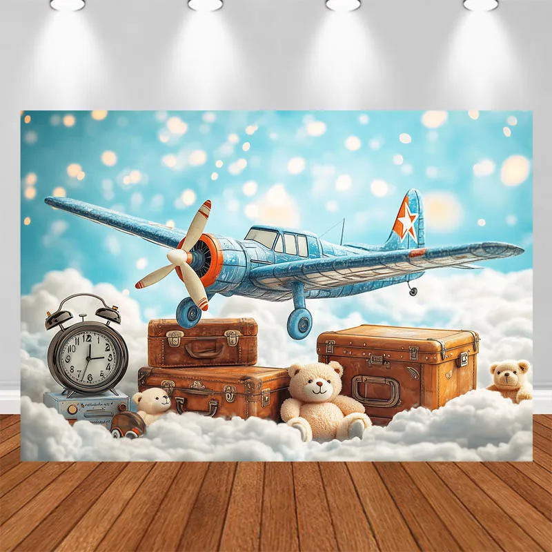 

LS Photography Background Helicopter Bear Wooden Box Clouds Decor Birthday Cake Smash Kids Portrait Photo Backdrop Studio
