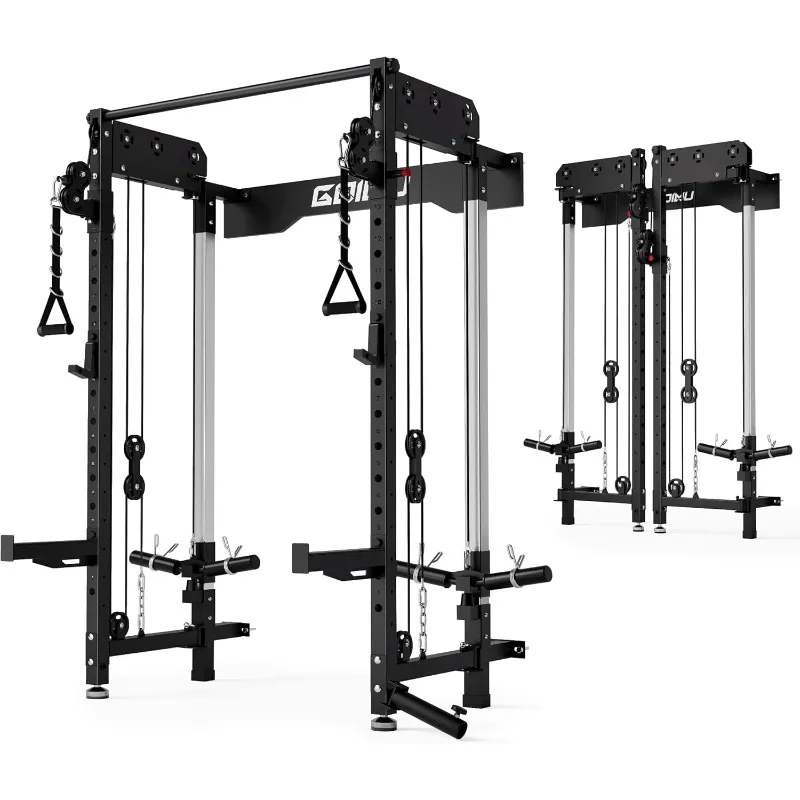 WM3-V4 Folding Squat Rack, Wall Mounted Power Rack with Dual Independent Pulley System, Functional Trainer with 5 Adjustable