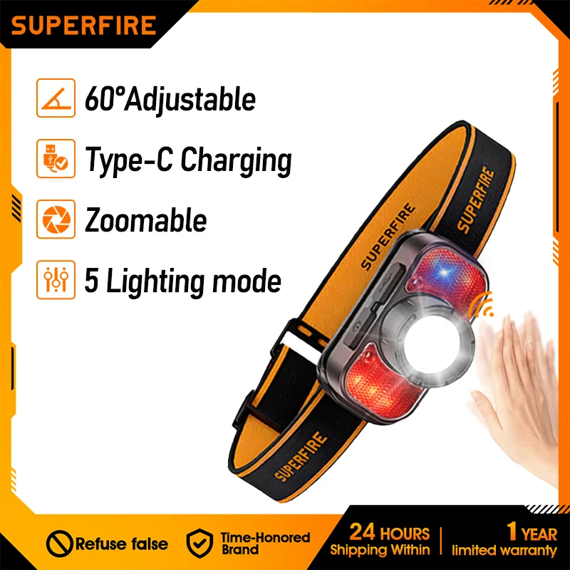 

SUPERFIRE HL80-C Strong Light LED Headlamp USB-C Rechargeable Head Light Zoomable Sensor Head Flashlight Camping Fishing Lantern