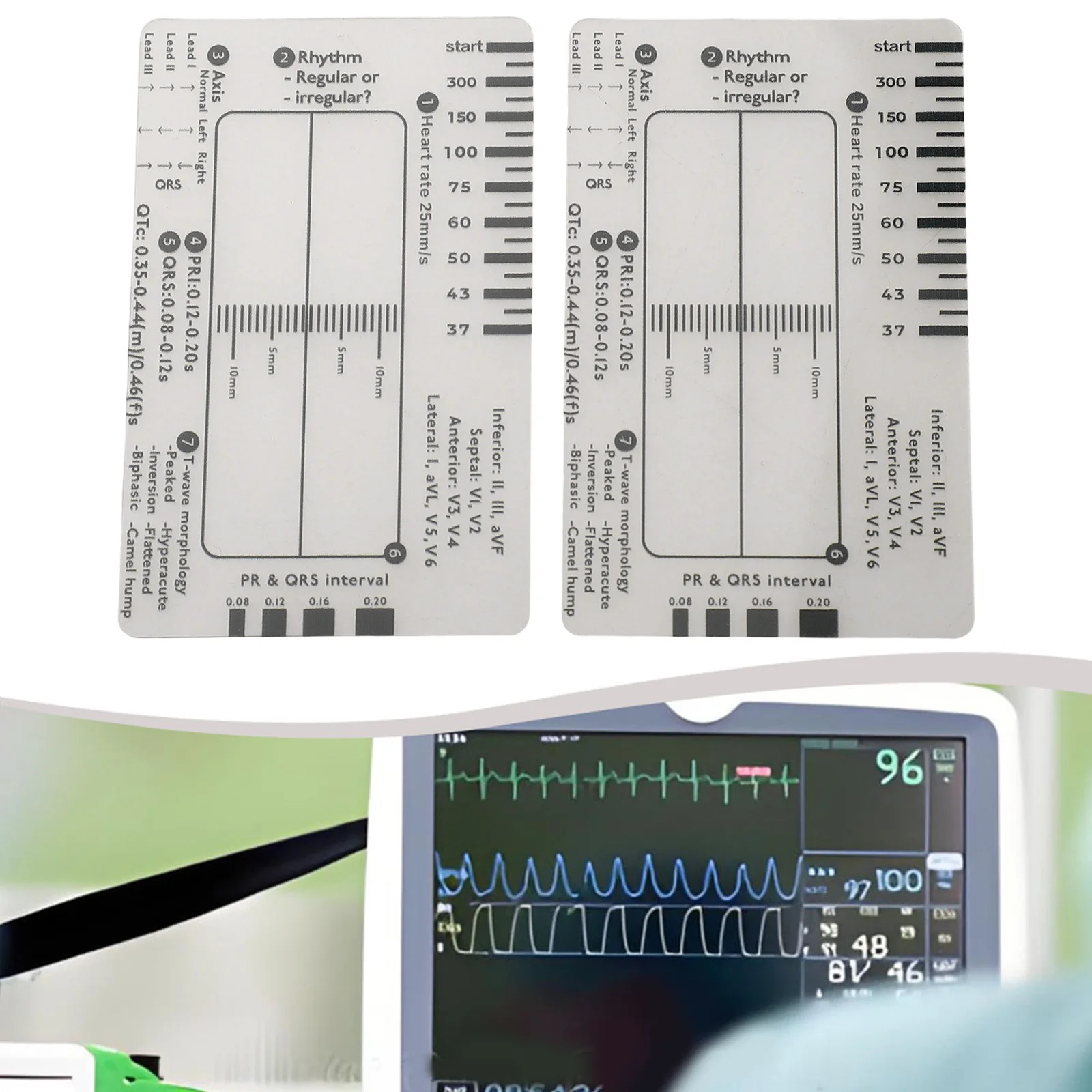 ECG 7 Step Ruler Card Interpretation, Portable Pocket ECG EKG Card Ruler ECG Reference Guide With Protect Sheath Assessment Tool