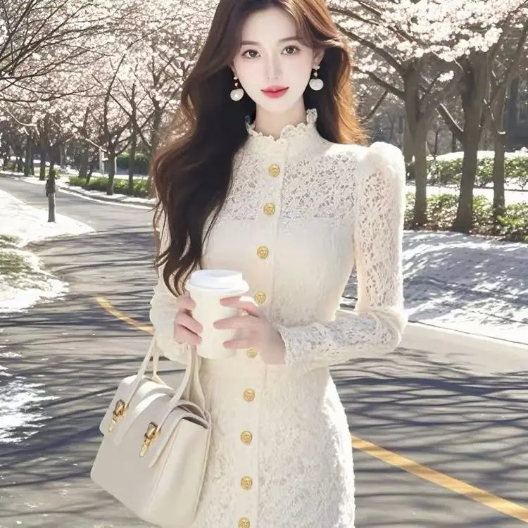 

Осень-зима Элегантные вечерние платья Женская мода Высококачественное офисное женское длинное кружевное платье с длинным рукавом на флисовой подкладке Тонкое платье C118