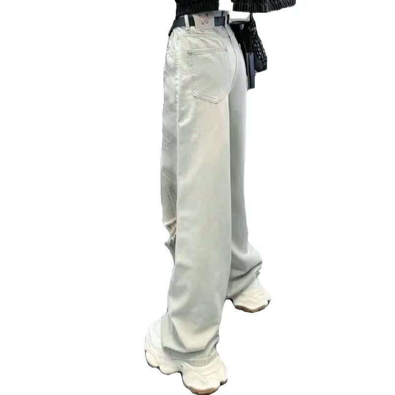 High Street Graffiti Straight Hole Jeans Female Tide Thin High Waist Loose Wide-leg Pants in Summer