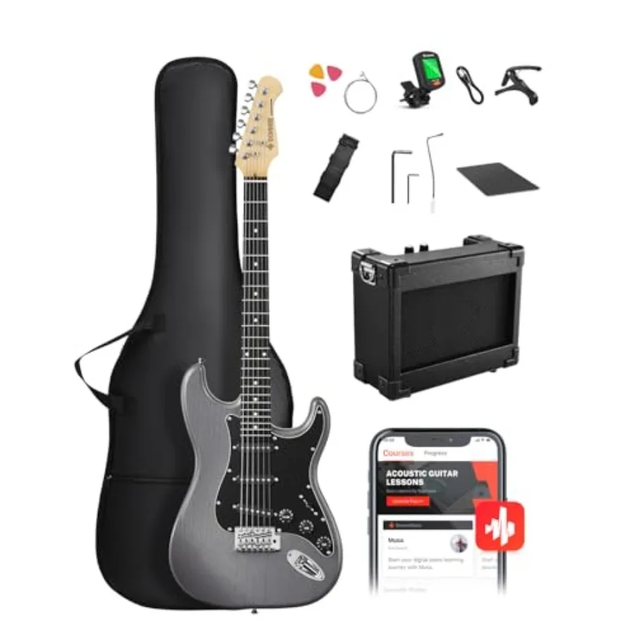 

Beginner electric guitar kit for practice and learning: alder body, black finish, SSS pickups, includes amp, gig bag, tuner, ca