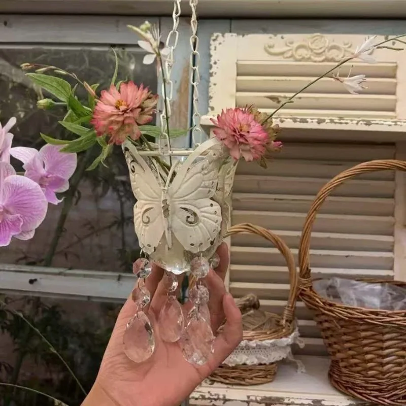 

Butterfly glass bottle hanging bottle wrought iron chain hanging old succulent vase mini hanging water plant flower device