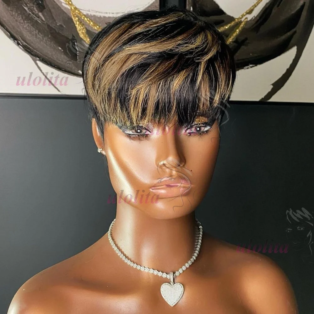 Kurze Echthaarperücke, vollständig maschinell gefertigte Perücke, gerade Pixie-Cut-Perücke aus Echthaar für Frauen, kurze Bob-Perücken mit Pony, Haarschnitt-Perücken – Detail 1