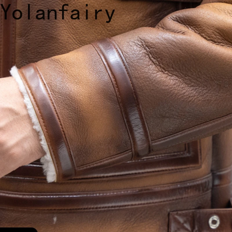 YOLANFAIRY Veste en cuir véritable pour hommes, peau de mouton véritable, fourrure, vêtements d'hiver, veste de motard, sourire, 2024