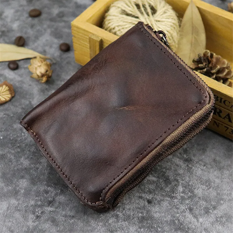 Vintage simple soft genuine leather 2 zipper multi function men women coin purse natural real cowhide small money cards Wallets