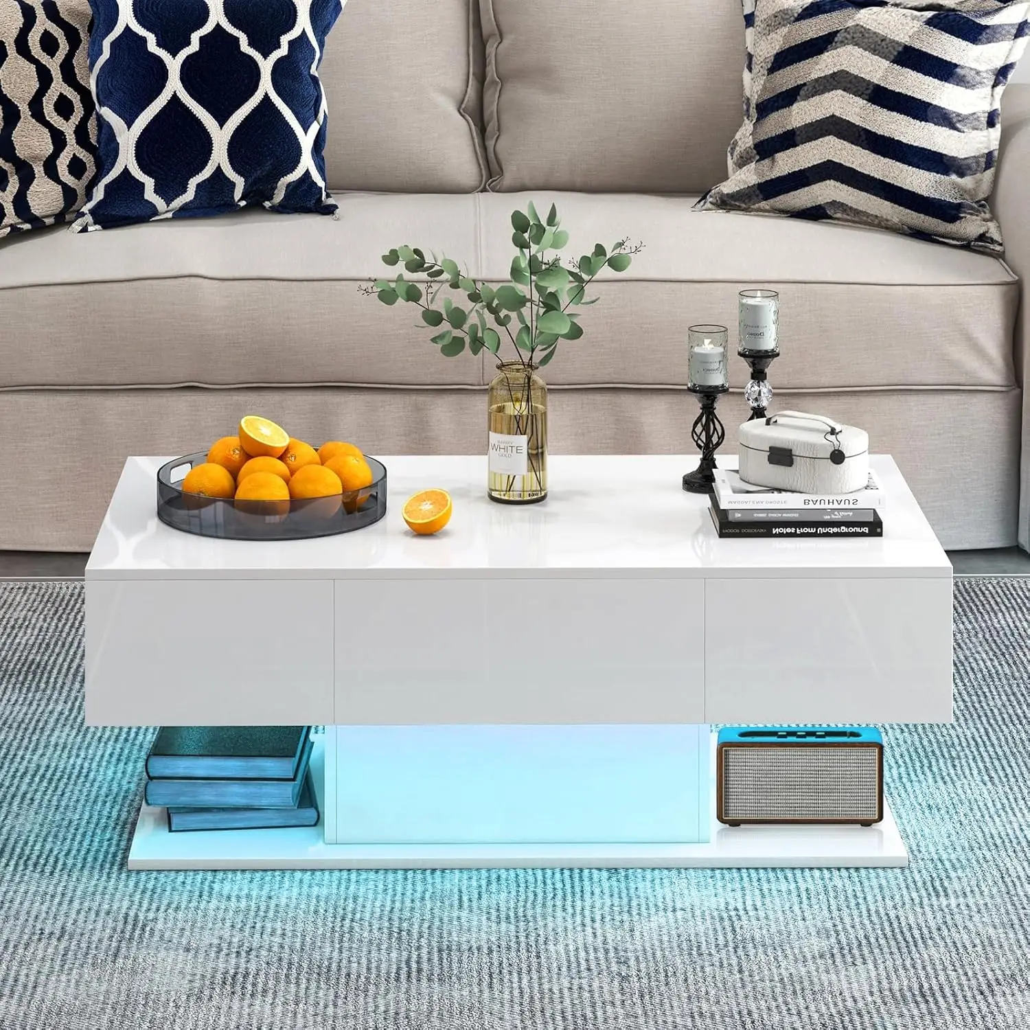 طاولة قهوة LED مع درجين، طاولة مركزية حديثة لامعة للغاية، مصابيح LED قابلة للتعتيم بـ 20 لونًا وجهاز تحكم عن بعد