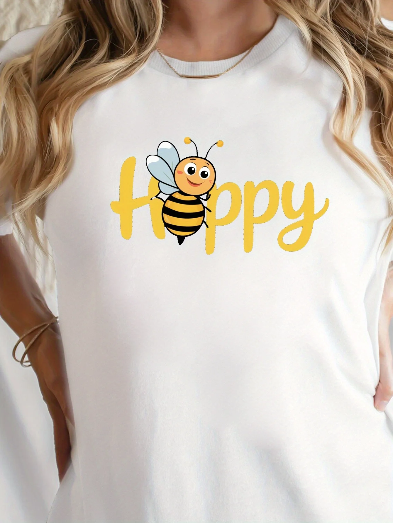 2026 Cute Happy Letter Joyful Bee Pattern Printed Summer Casual Women's Short Sleeve Round Neck T-shirt Daily Top Women's Tee