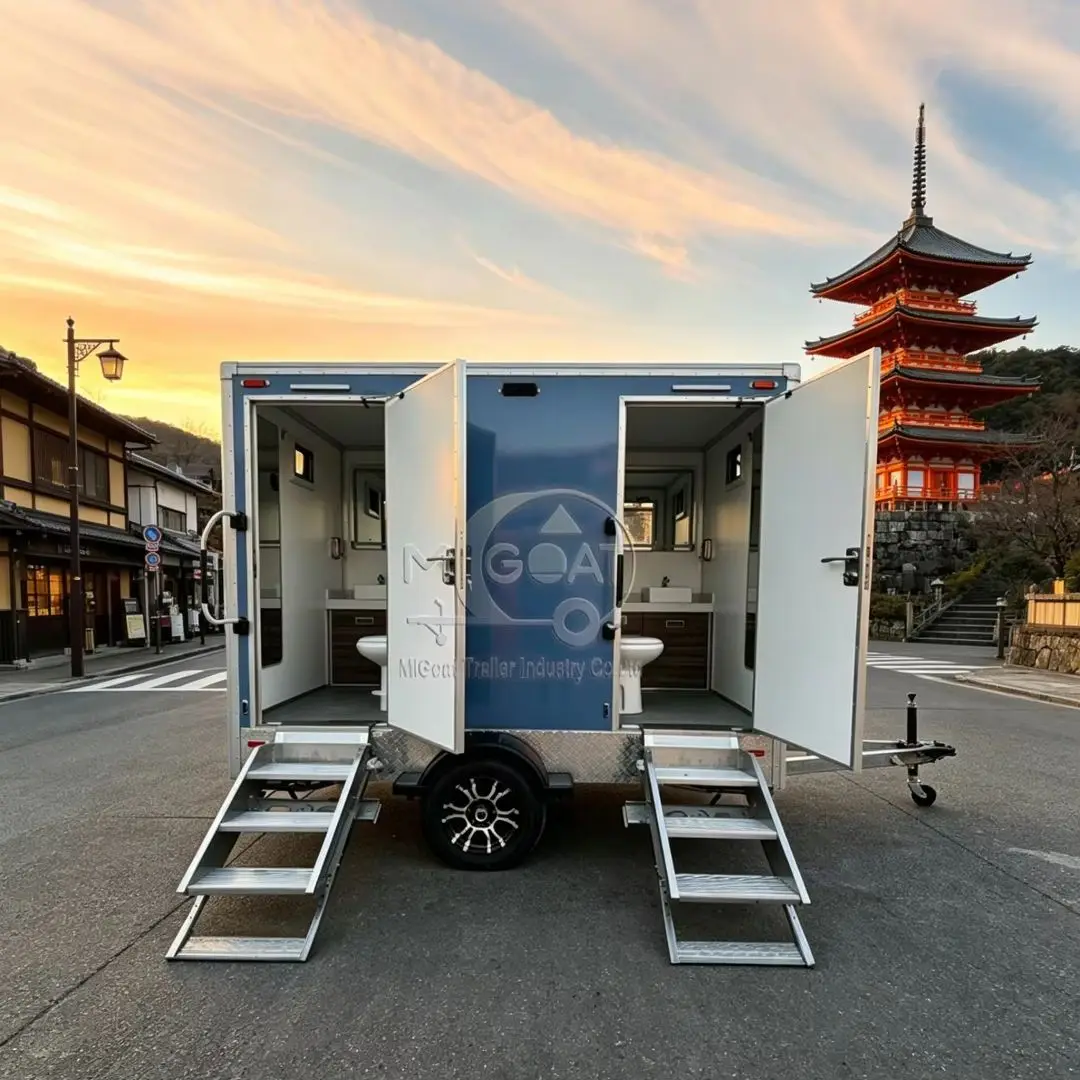 2-Stall Blue Portable Restroom Trailer Single Axle VIP Mobile Toilet for Wedding & Outdoor Events