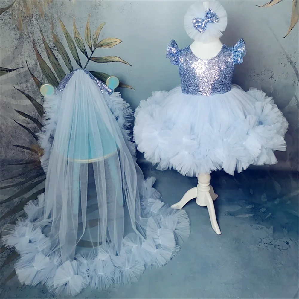 

Lovely Baby Blue Angel Flower Girl Dress Tail Tulle Fluffy Sequin Bow Tailing Sleeveless For Wedding Kids Birthday Gift Party