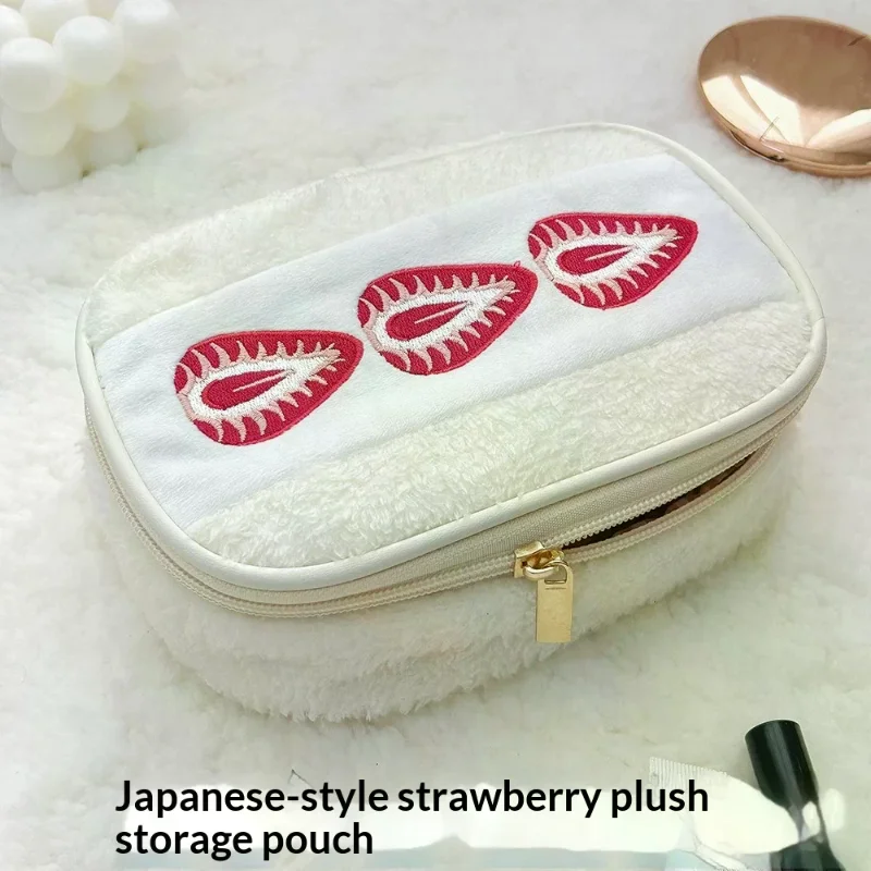 Multi-Functional Strawberry Pencil Case Cute Embroidered Pen Box Portable Makeup Bag Storage