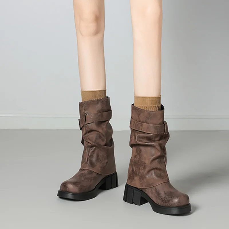 

Woman Knight Boots Shoes Autumn Winter Vintage Ladies Thick Chunky Heel Belt Buckle Western Cowboy Botas