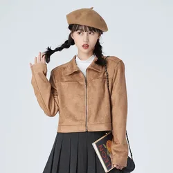 Suede Velvet Loose Short Jacket Women Fashion Solid Turndown Collar Long Sleeve Zipper Crop Coat Streetwear All Match Outwear