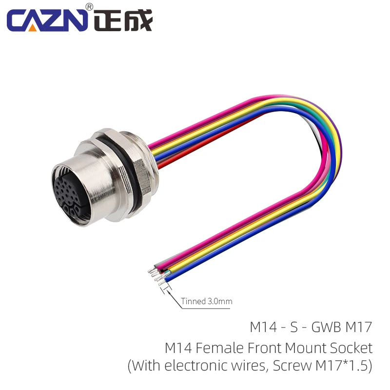 M14 Solder Socket Male Female Front Rear Mount 18 Pin with 30cm Wire IP67 for Fieldbus & Industrial Communication