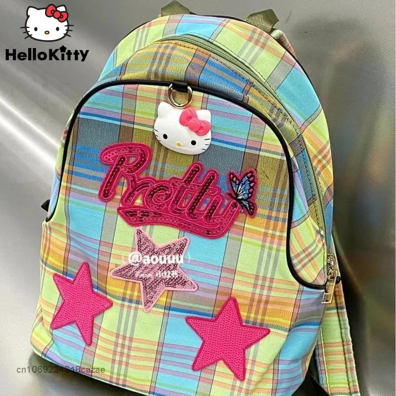 

Sanrio Hello Kitty Homemade Y2K Sweet Spice Girl Star Backpack Classic Lattice Casual Mini Schoolbag Korean Versatile Bag Women