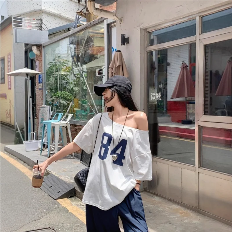 Y2K Goth Kwaii K-fashion Prints T-shirt T shirt Women Casual Loose Number Crop Top Off Shoulder Sexy Tee Tshirt Woman Clothing