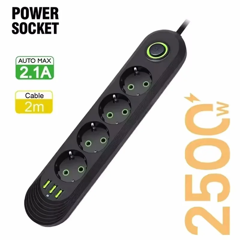 2 m Kabel, EU-Stecker, Steckdosenleiste mit 3 USB-Buchsen, Netzwerkfilter, runder Stift, AC-Steckdosenanschlüsse, Verlängerungskabel, elektrischer Ladeadapter