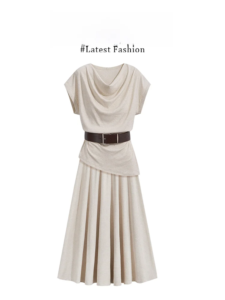 

Parkyeon Summer New Women's Lazy Short Sleeve T-Shirt Set High Waist Draped Skirt Two-Piece Casual Style Comfortable Loose Fit